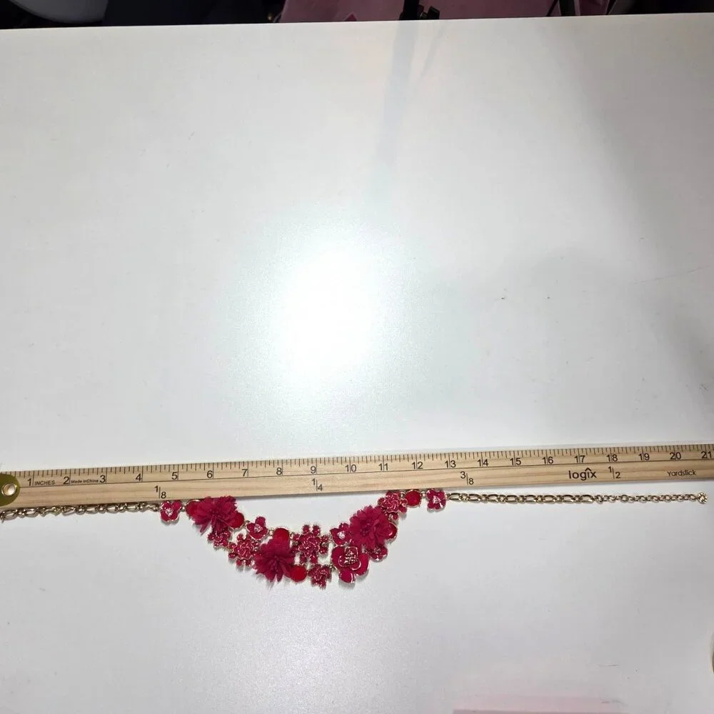 Talbots Necklace Pink Floral Anemone CZ Statement Gold Tone Prom Wedding Party - Picture 6 of 6